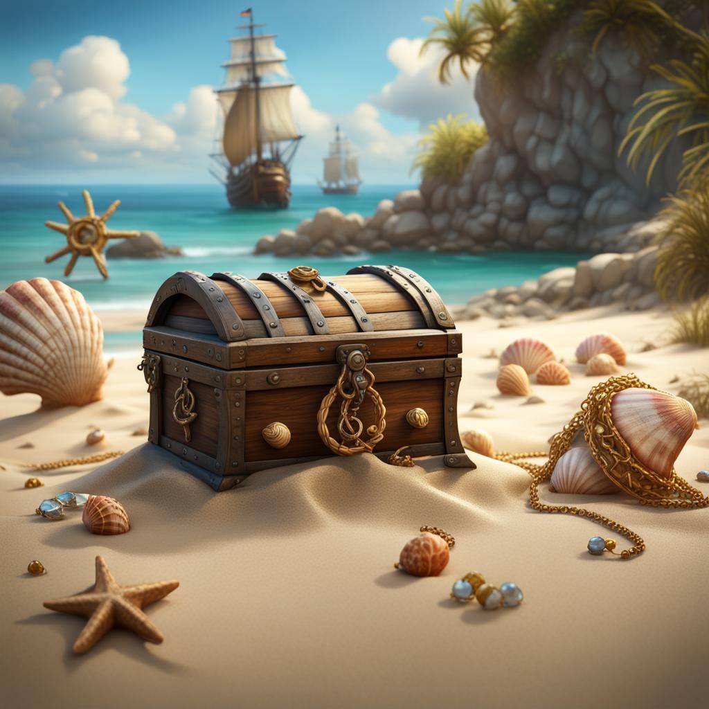 DALL E 3, a beautiful beach with a treasure chest a mast fro...