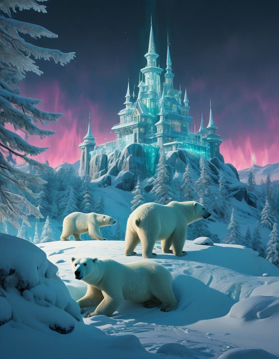 Surreal Ice Palace Scene with Polar Bears and Northern Light...