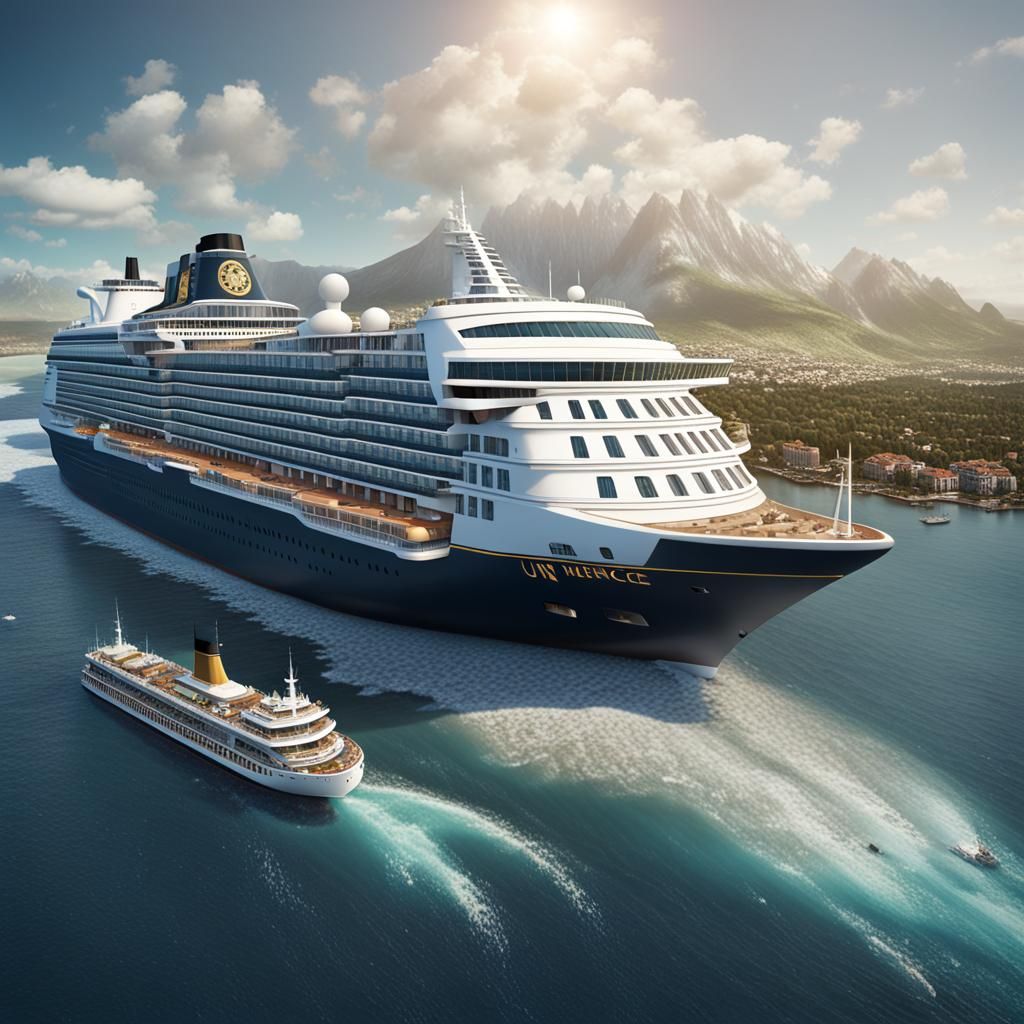 Aerial view of a cruise ship on the high seas un venice, the captain in uniform receiving passengers, multitude of detai...