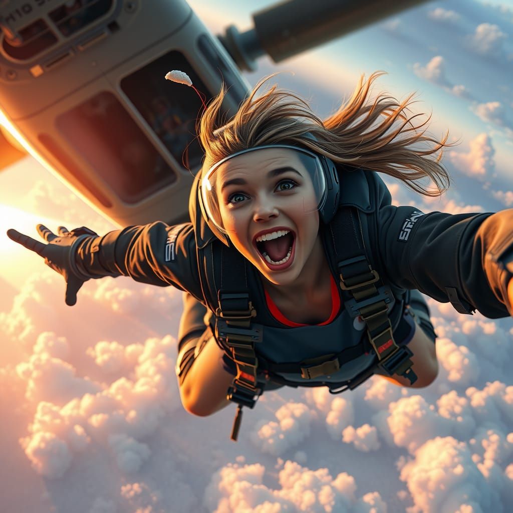 Girl Skydiving in Hyperrealistic Splash Art