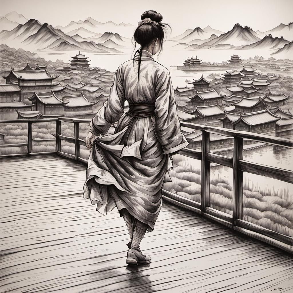 Girl Steps Out of Painting in Chinese Ink Style