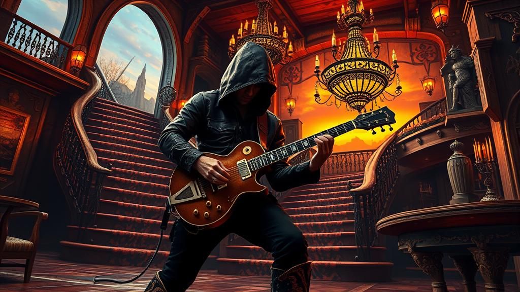 Mystical Guitarslinger in Gothic Saloon at Sunset