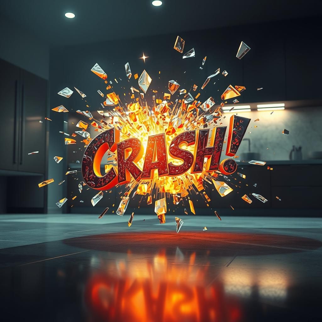 Exploding Glass with Metallic 'Crash!' Font