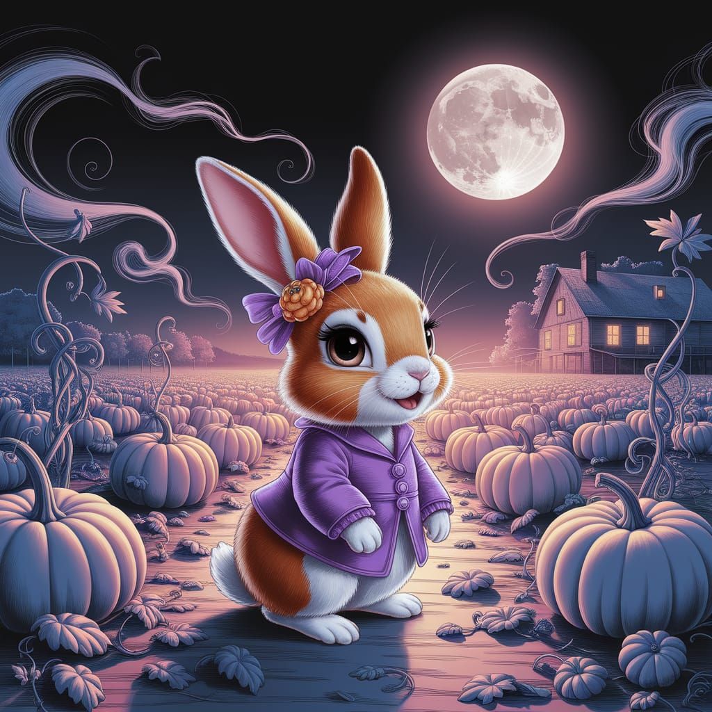 Cute Orange Rabbit in Purple Outfit Under Pale Moon