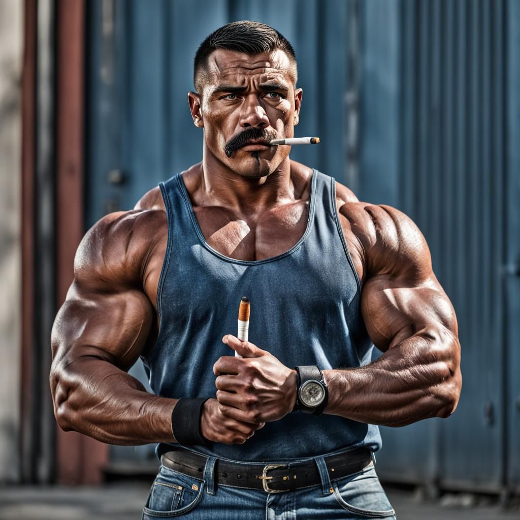 Hyperrealistic Mexican Powerlifter Sweating with Cigarette