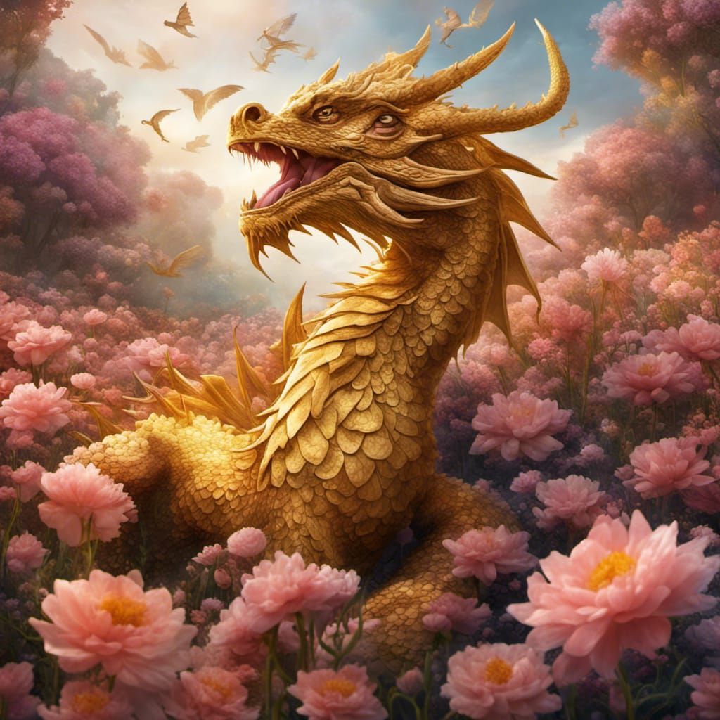 : Imagine a scene where a wise and gentle golden dragon rest...