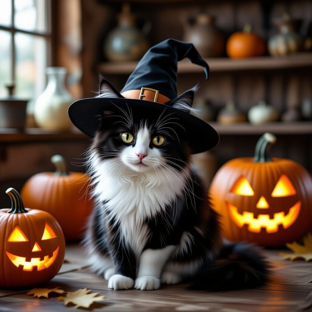 Black and White Cat in Witch Hat at Alchemist Workshop