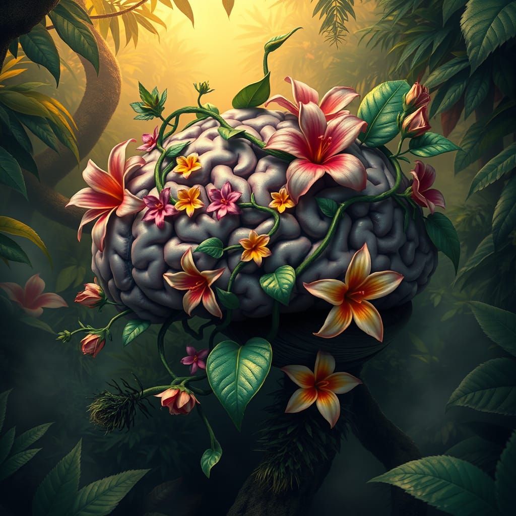 Surrealistic Brain in Vibrant Jungle Landscape