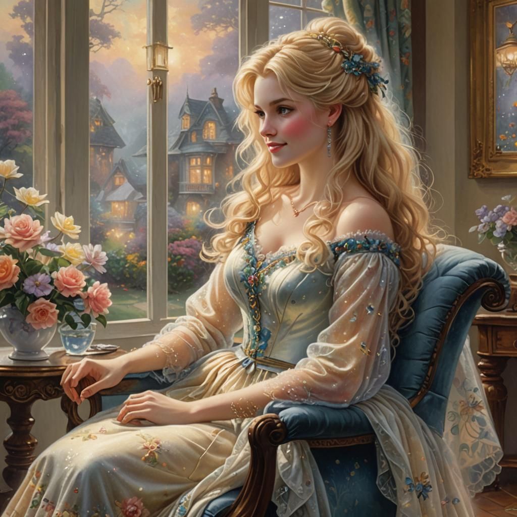 Woman Embroidering in Sunlit Room, Ethereal Fantasy Style