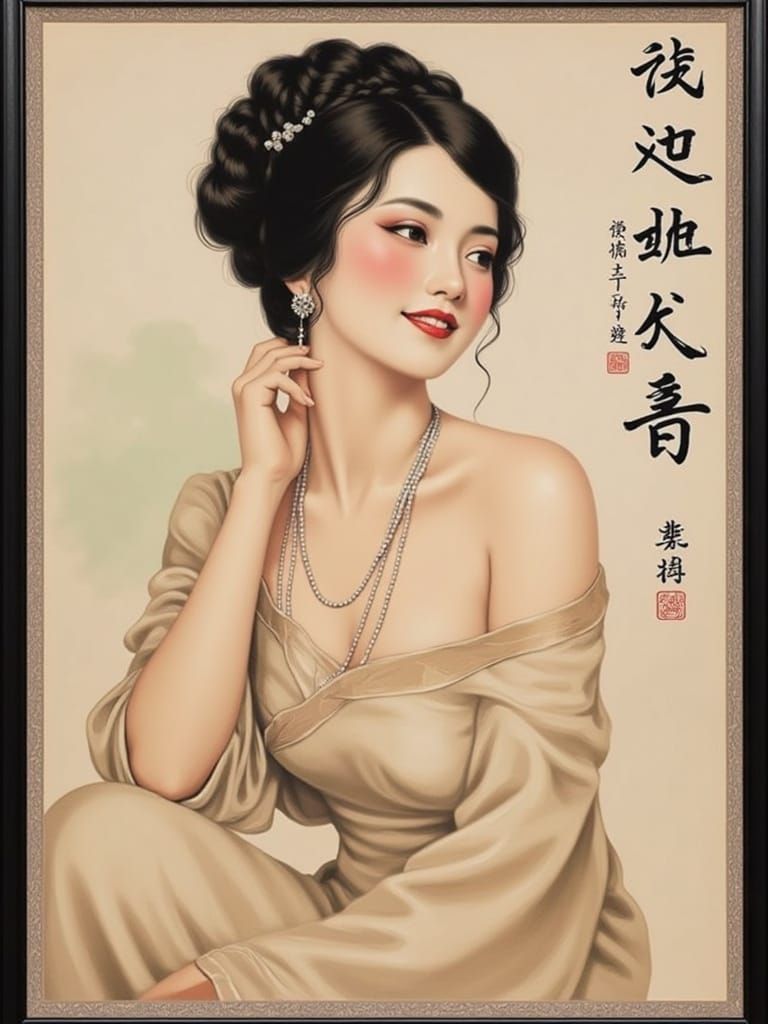 Elegant Woman in Vintage Japanese Style with Surreal Touches