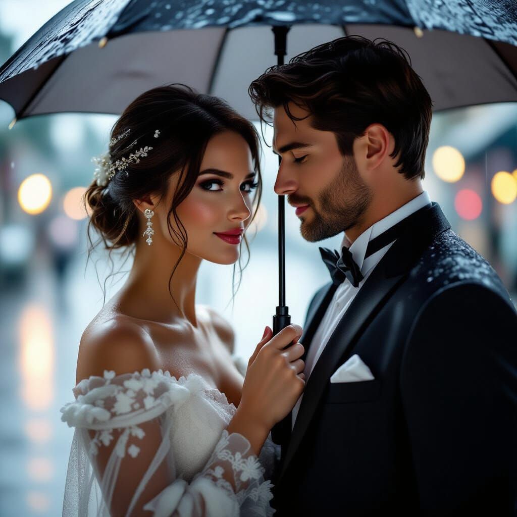 Intimate Umbrella Share in Rain-soaked Cityscape