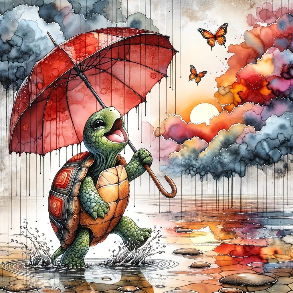 Joyful Turtle Singing in the Rain with Umbrella