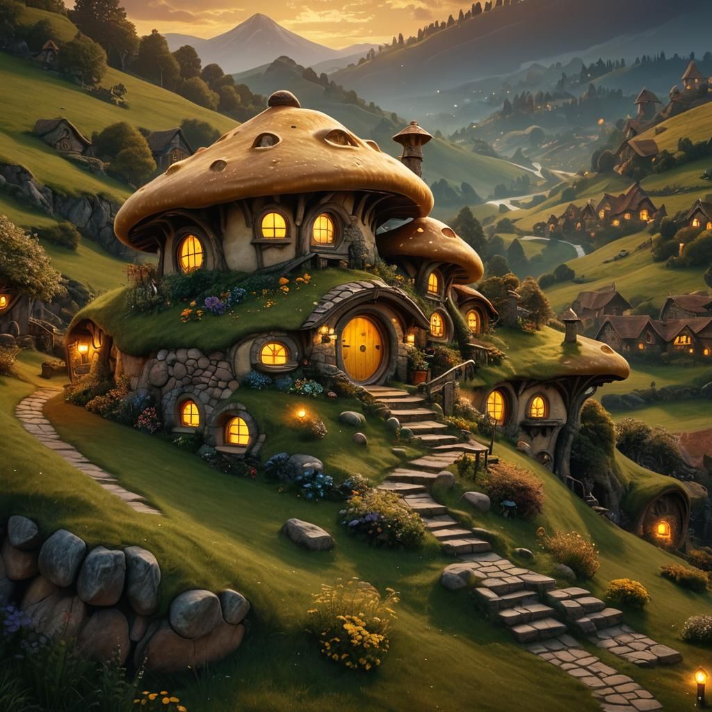 Mushroom Hobbit House at Night in Fantasy Style