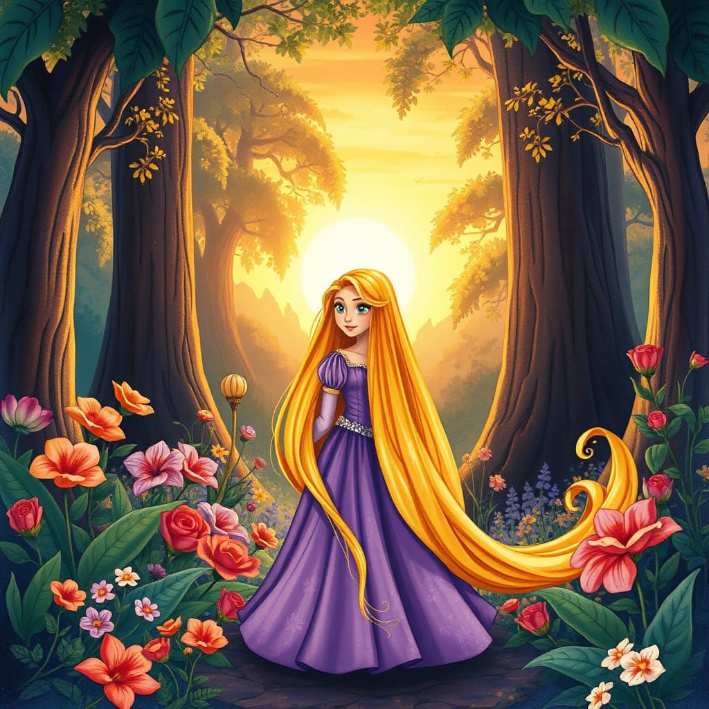 Romantic Sunset Scene in Whimsical Disney Style