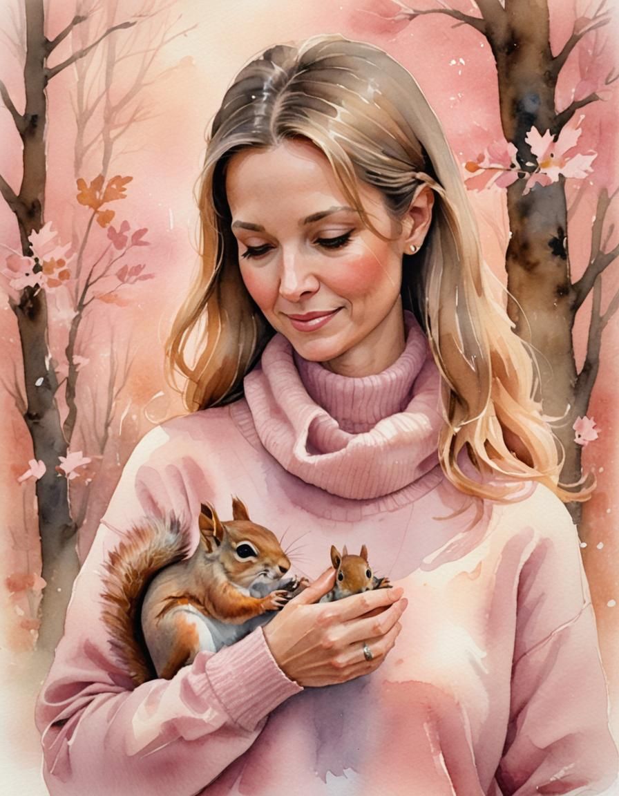 Watercolor Portrait: Breast Cancer Survivor with Squirrel