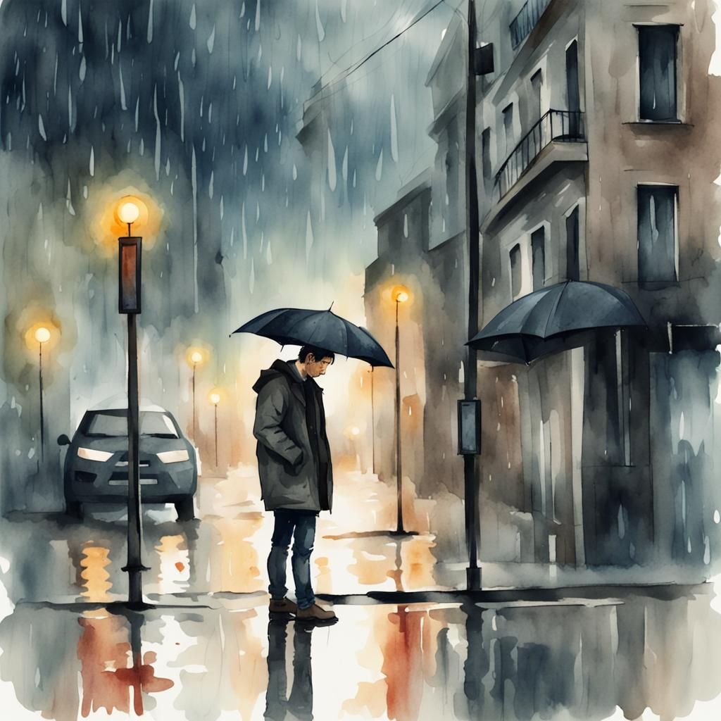 Melancholic Man in Rain, Watercolor Style