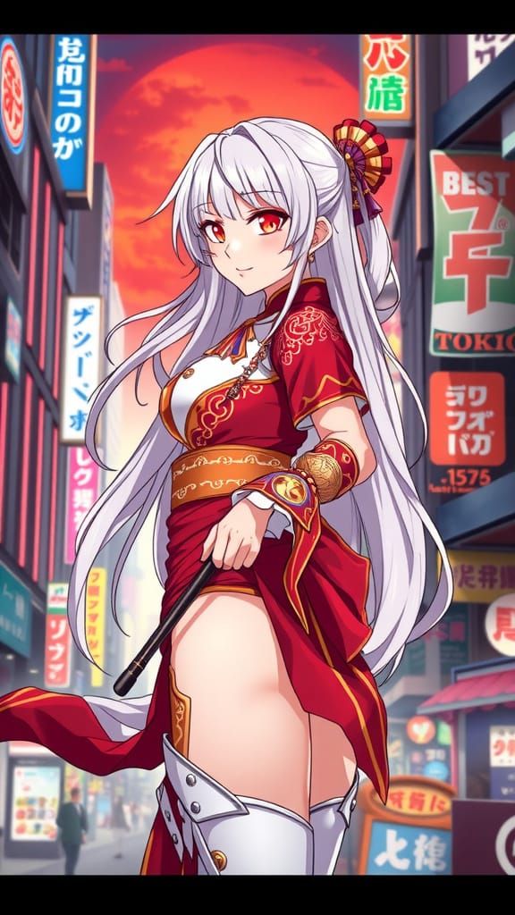 Cyberpunk Anime Goddess Stands Confidently in Vibrant Tokyo ...