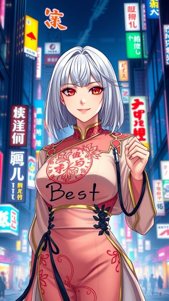 Confident Anime Goddess Dominates Tokyo Cityscape
