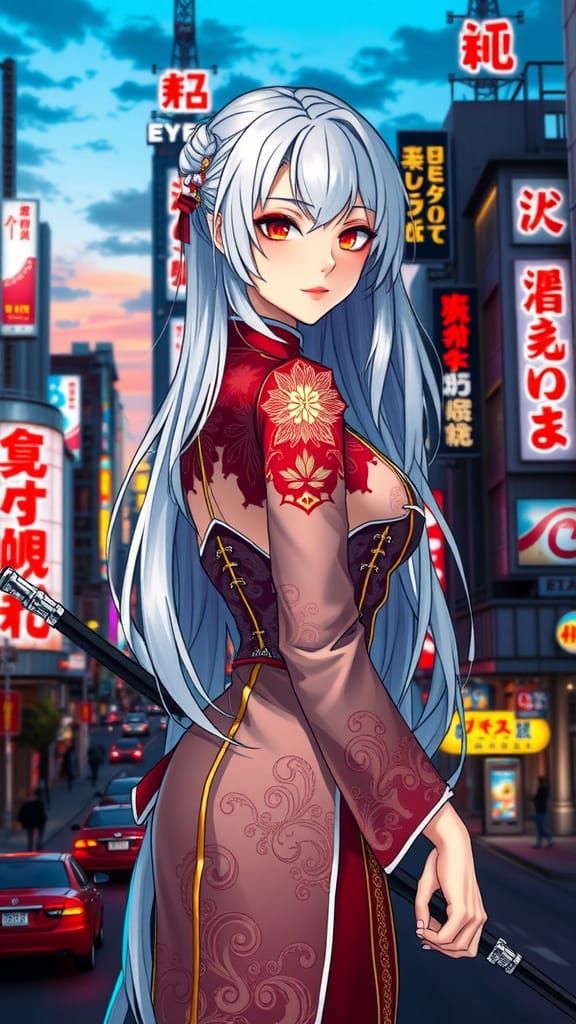 Stunning Anime-Inspired Woman in Vibrant Tokyo Cityscape