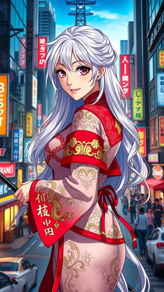 Majestic Anime Goddess Reigns in Neon Japanese City