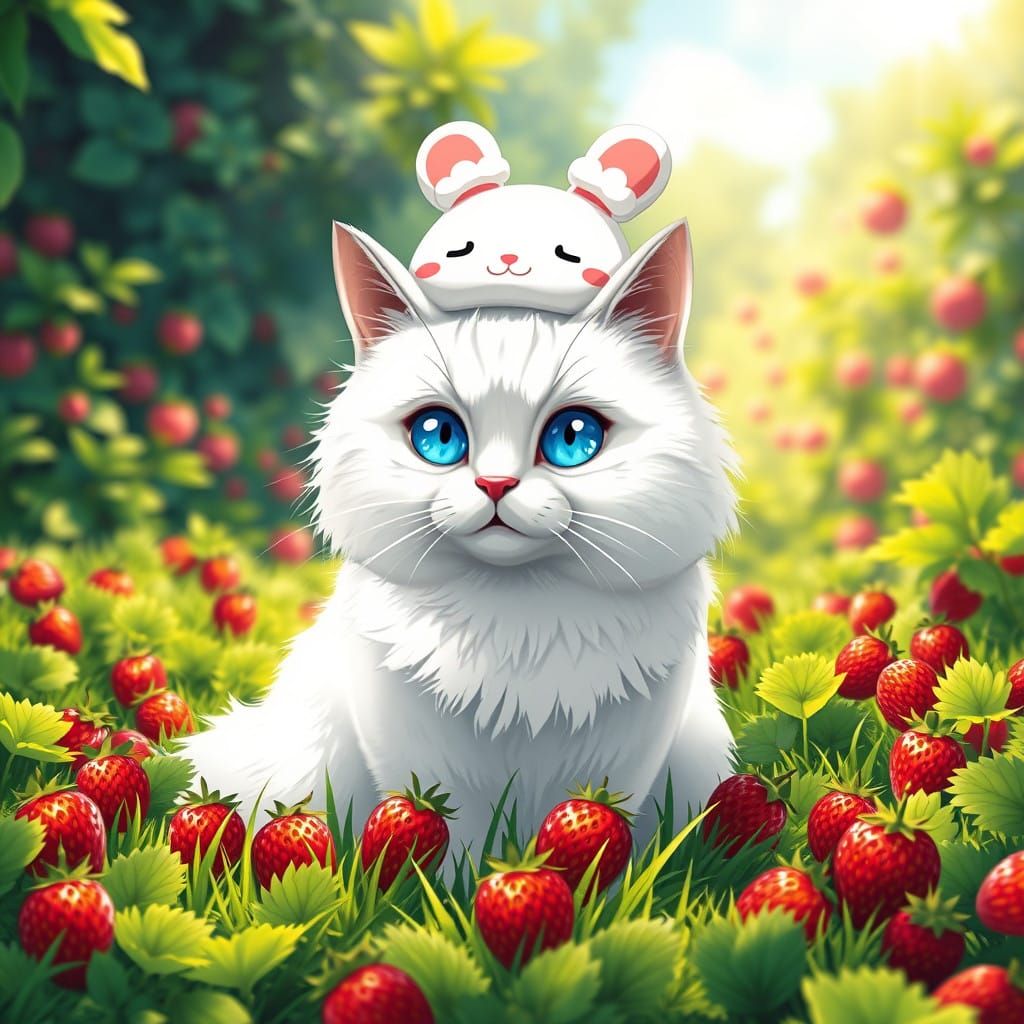 Elegant Snow-White Cat Surrounded by Red Strawberries in a V...