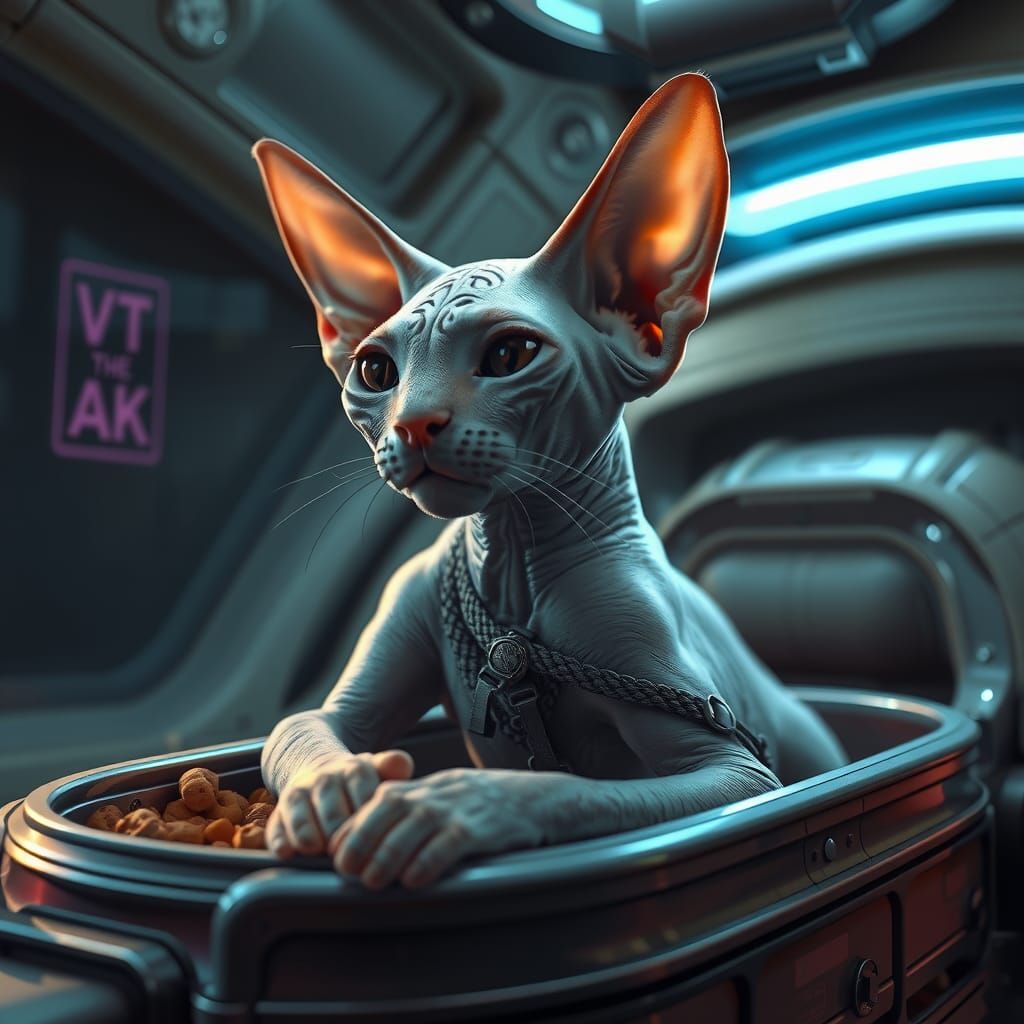 Sphynx Cat on Spaceship Portrait in Digital Art