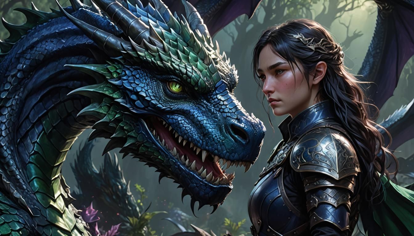Warrior Woman Hugging a Dragon in Dark Fantasy Style