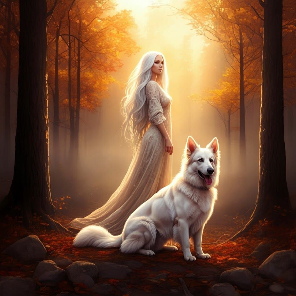 Woman and Dog in Autumn Forest, Klimt Style