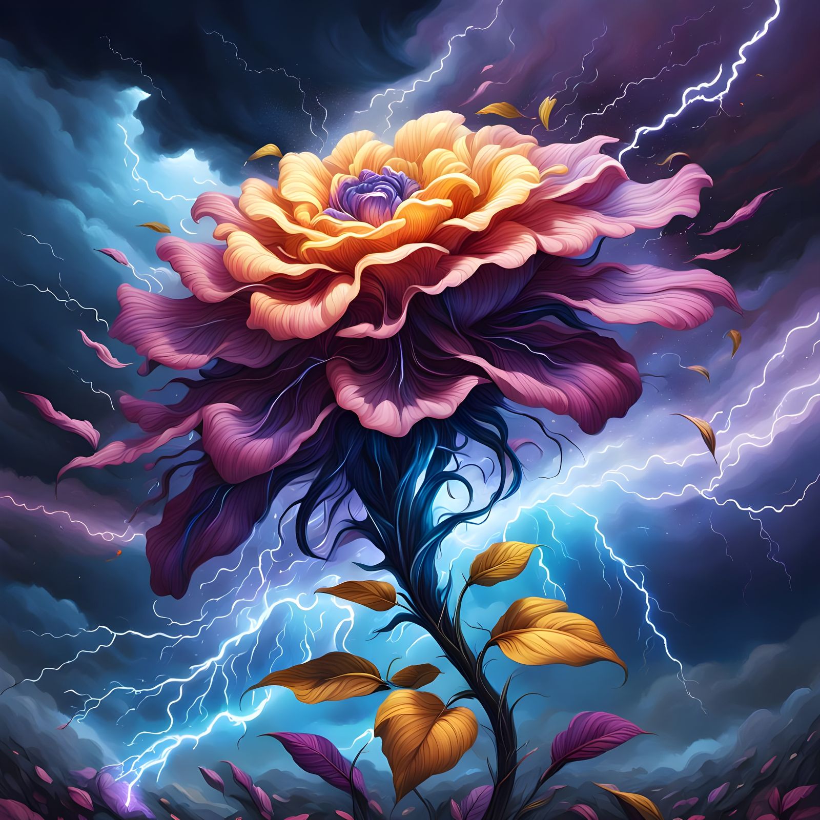 Hyperrealistic Flower Tornado with Lightning Storm