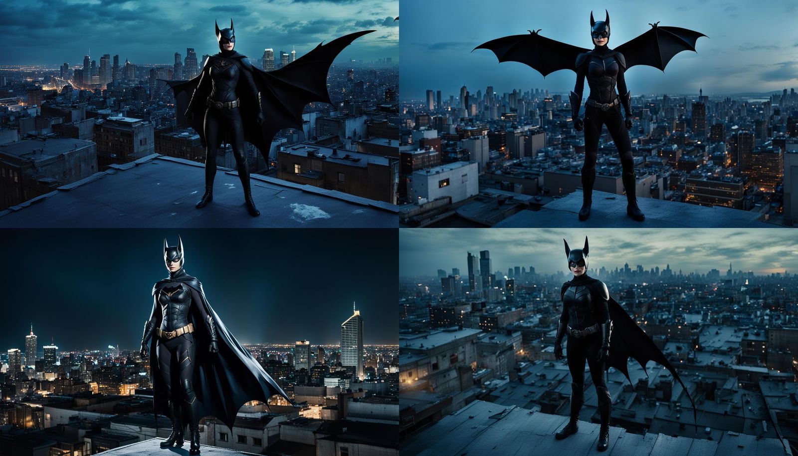 Bat-woman standing on a roof overlooking a city