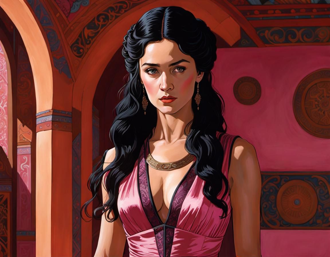 Woman in Pink Silk Dress, Art Nouveau Illustration