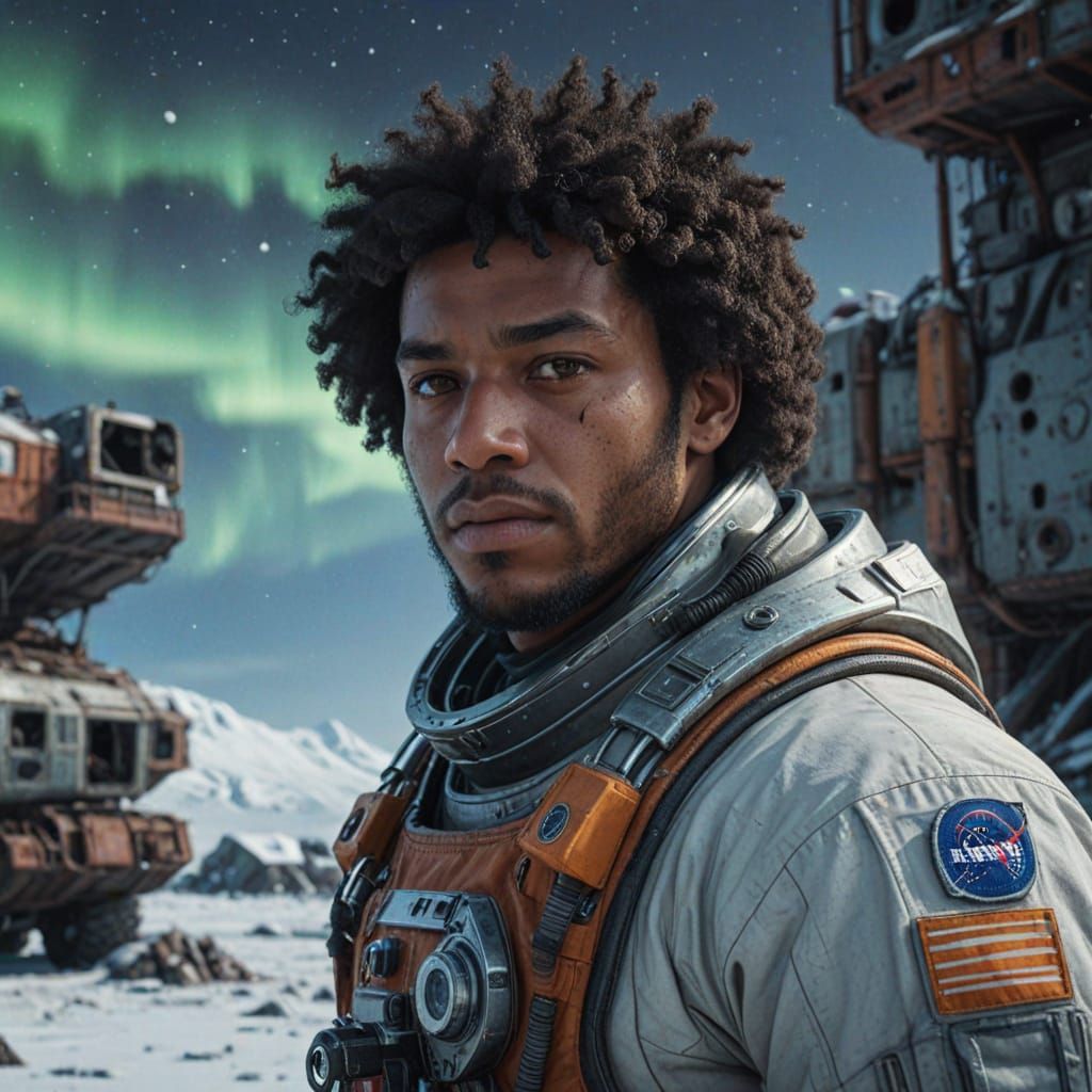 Diligent Afro Brazilian Astronaut in Post-Apocalyptic Arctic...