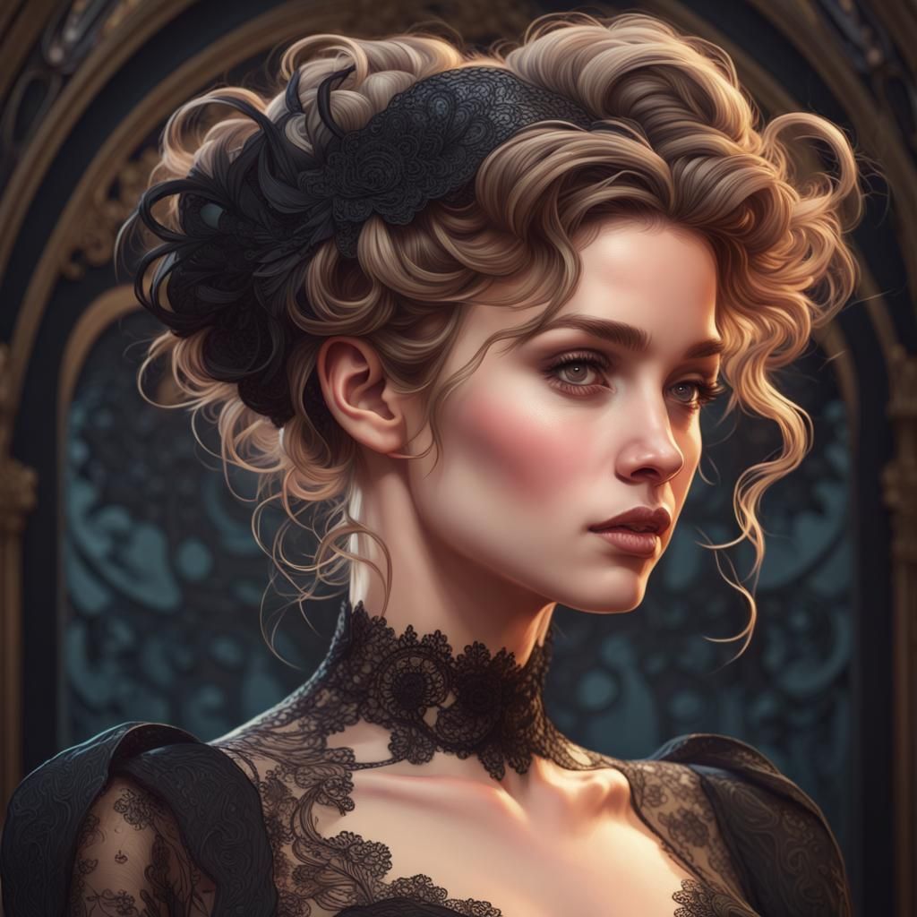 Art Nouveau Woman in Black Lace Portrait