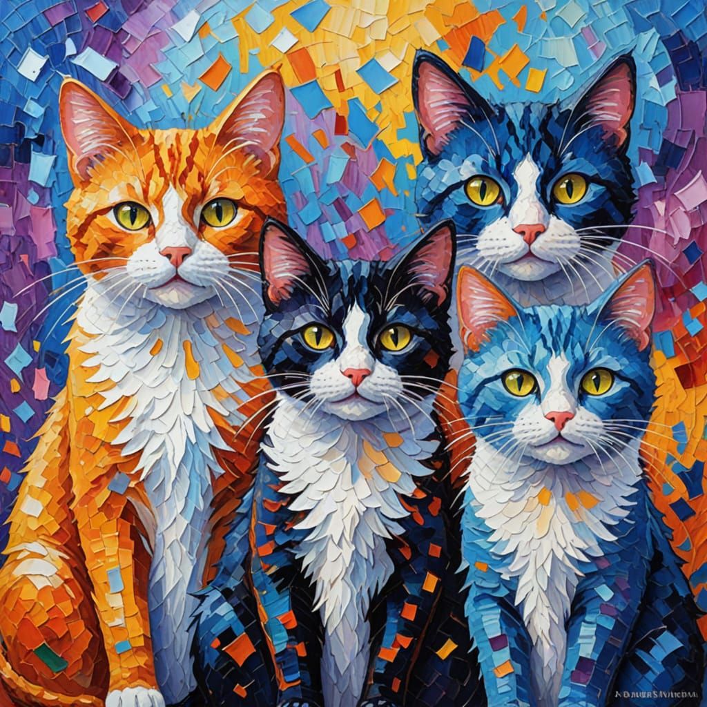 Cats in Vibrant Neo-Impressionist Oil Painting