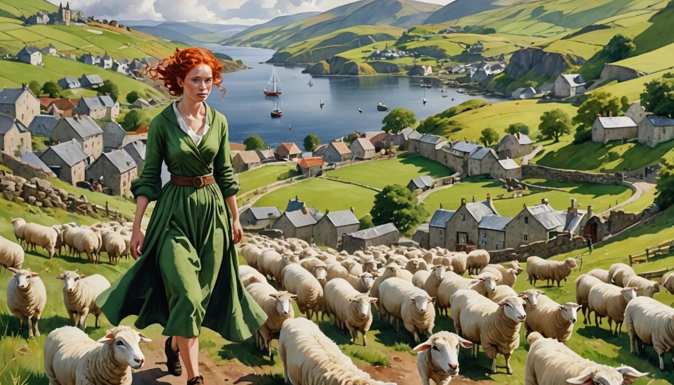 Scottish Princess Herding Sheep: Watercolor 3D HD Painting