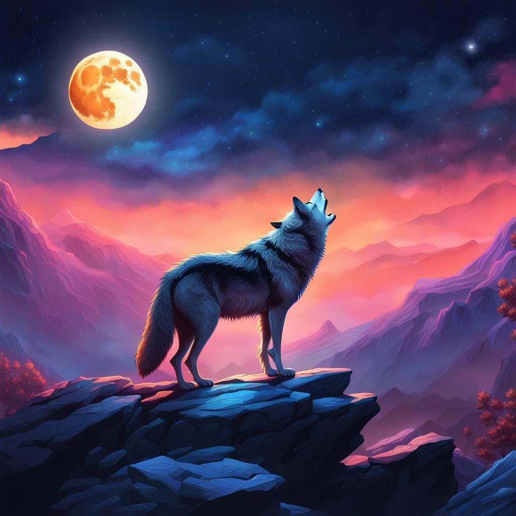 Wolf Howling at Moon: Dreamlike Fantasy Illustration