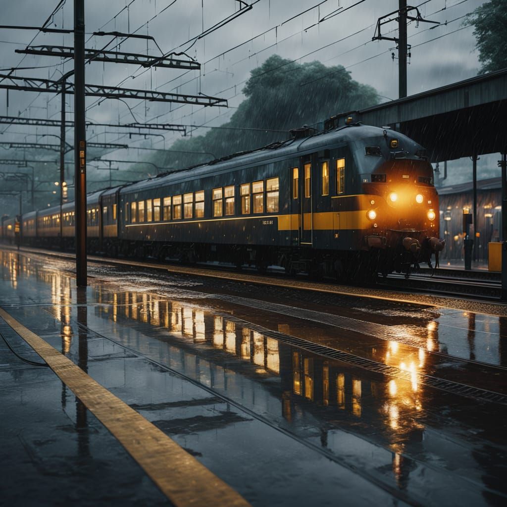 Gloomy Train Station in Moody Oil Painting Style