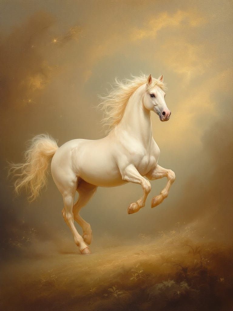 Ethereal Rococo Horse Leaping Through Golden Clouds