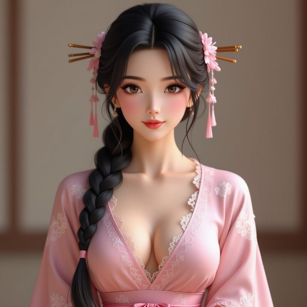 Anime Girl with Chopsticks in Hair, 3D Render