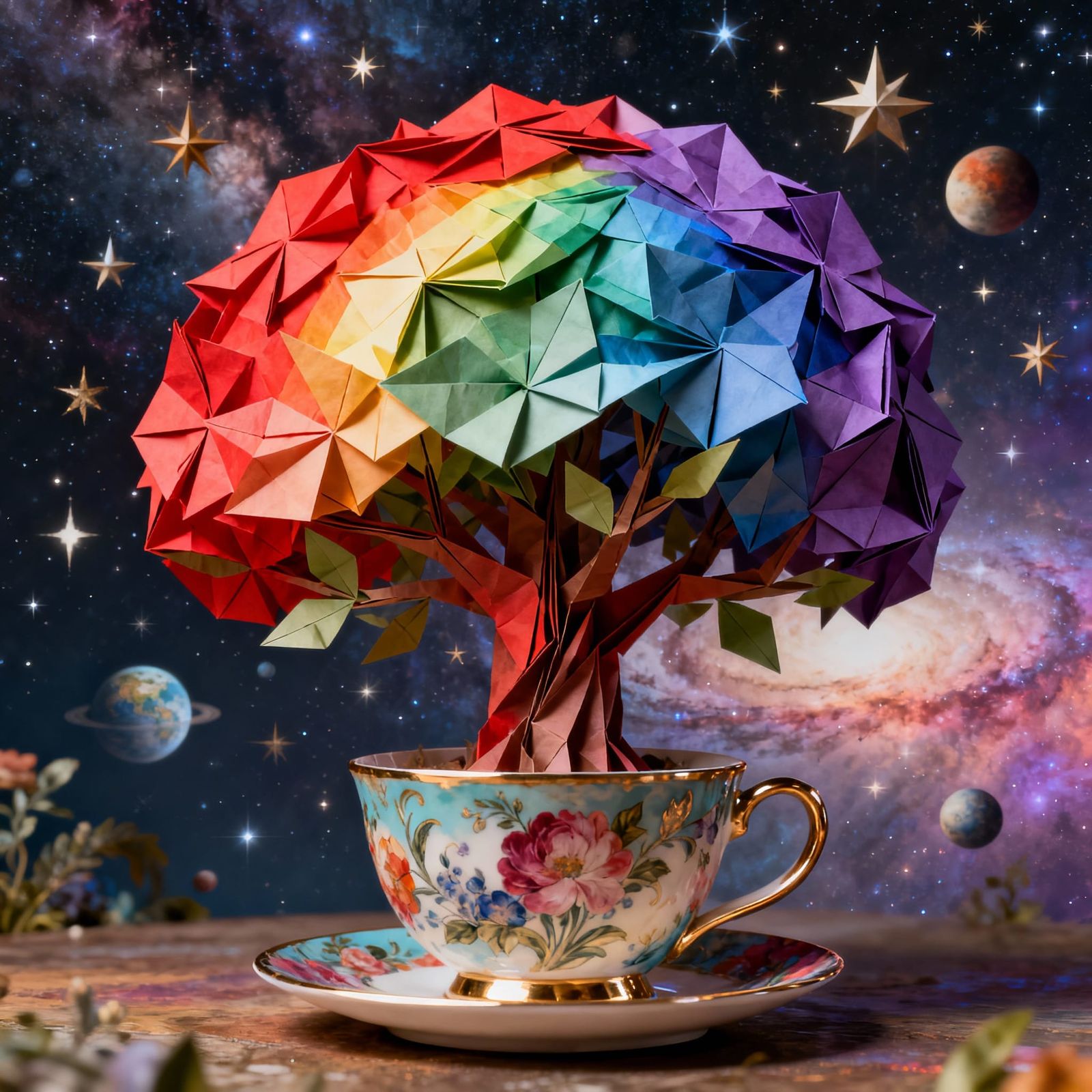 Rainbow Origami Tree in Teacup, Hyperdetailed Paper Art
