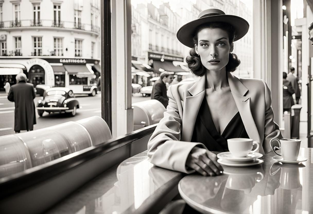 Woman Enjoying Coffee at French Cafe, 1990s Style