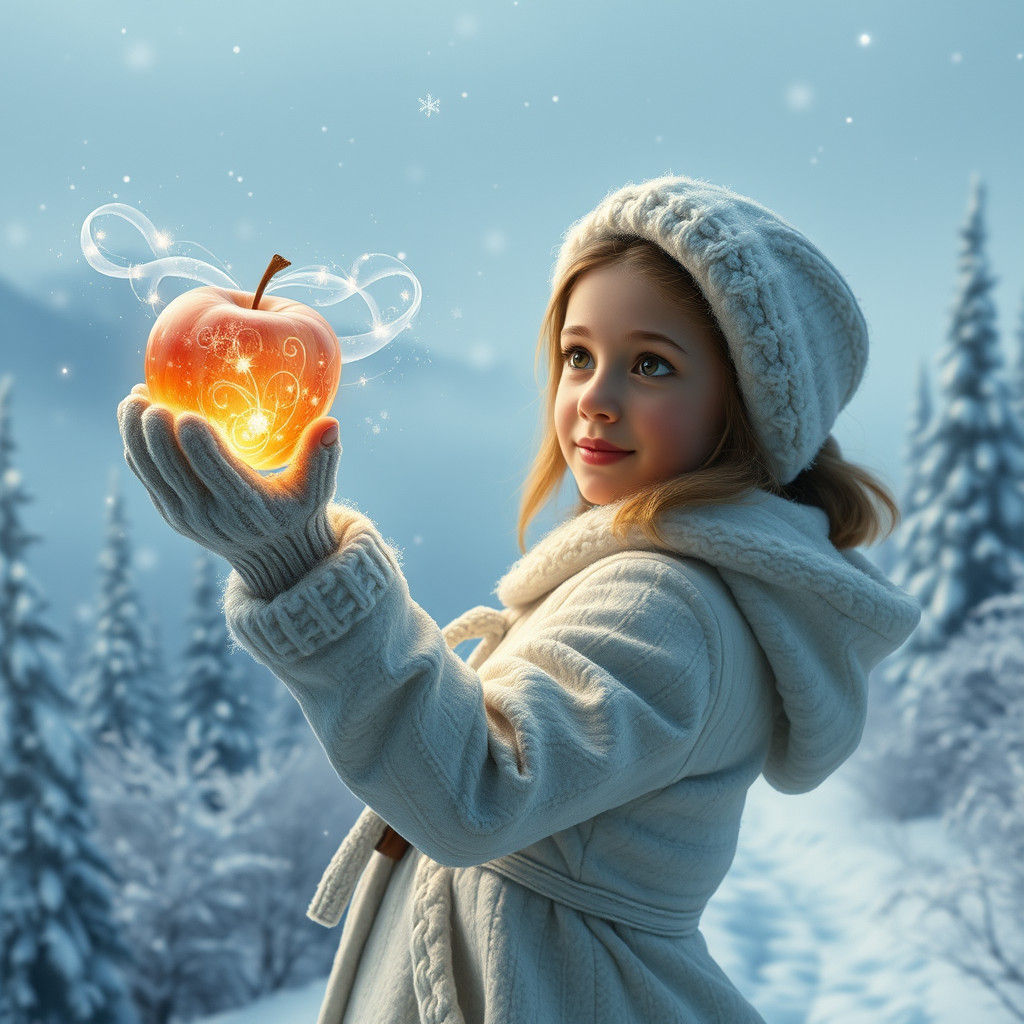 Magical Girl and Glowing Apple in Winter Wonderland