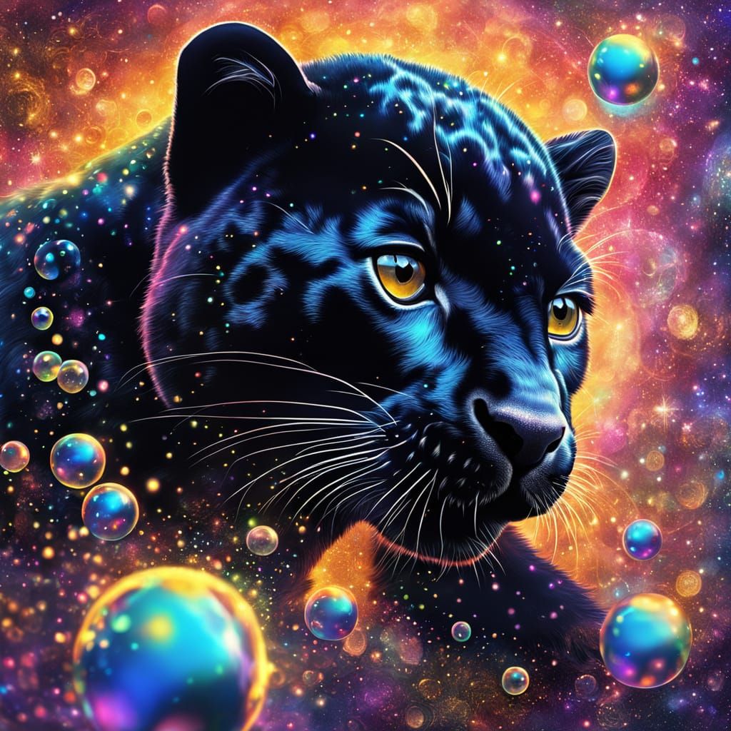 Black Panther Cub Playing with Bubbles in Cosmic Surrealism