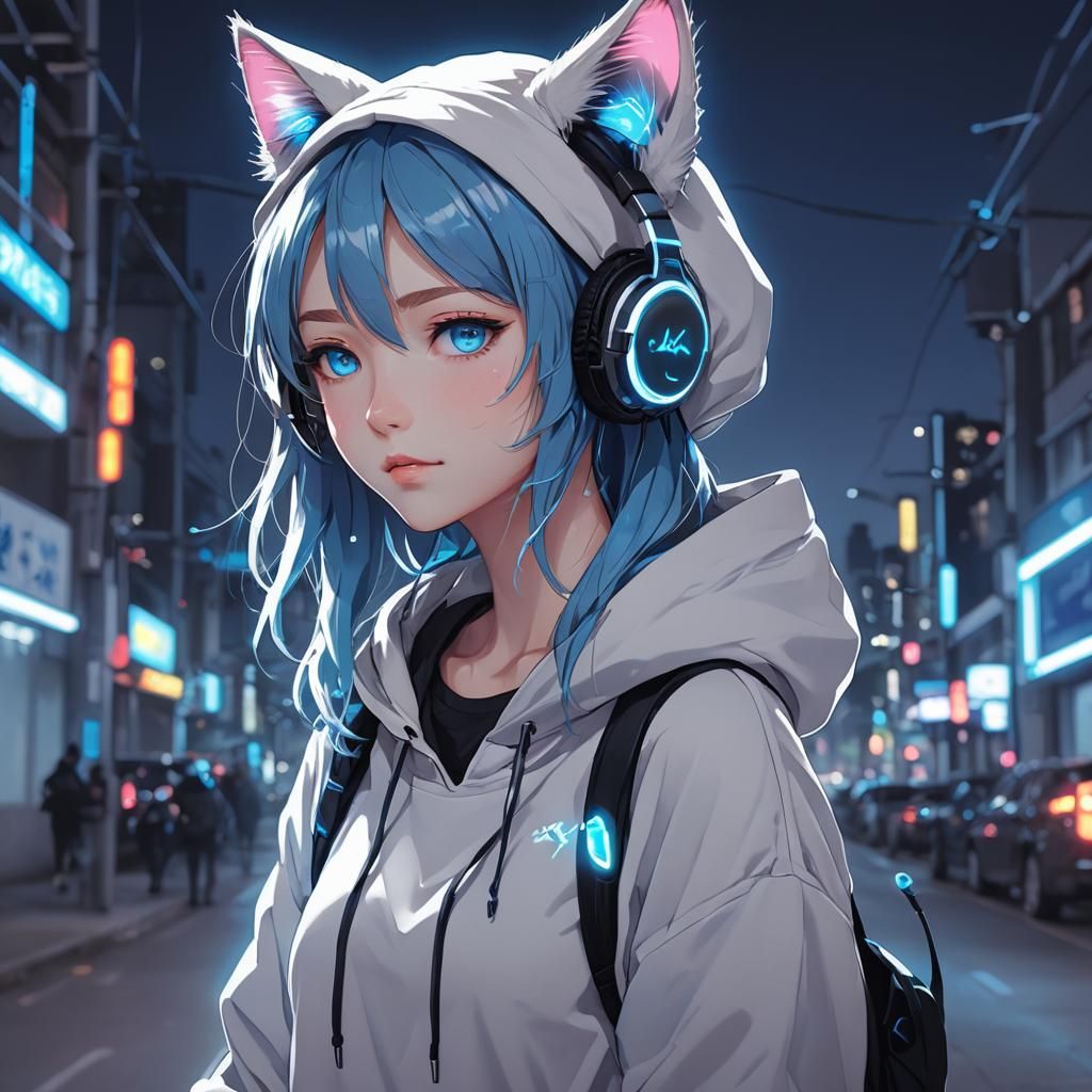 Cute Anime Girl with Cat Ears in Neon Lights