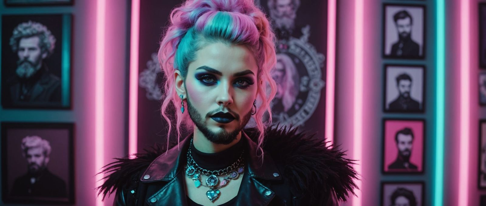 Sparkpunk Woman with Puffy Beard in Pastel Goth Portrait