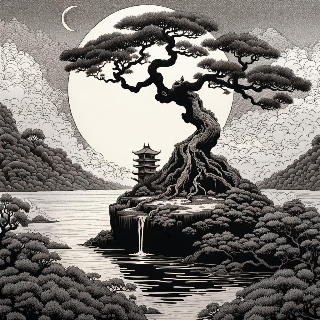 Intricate Black Ink Bonsai Tree Illustration