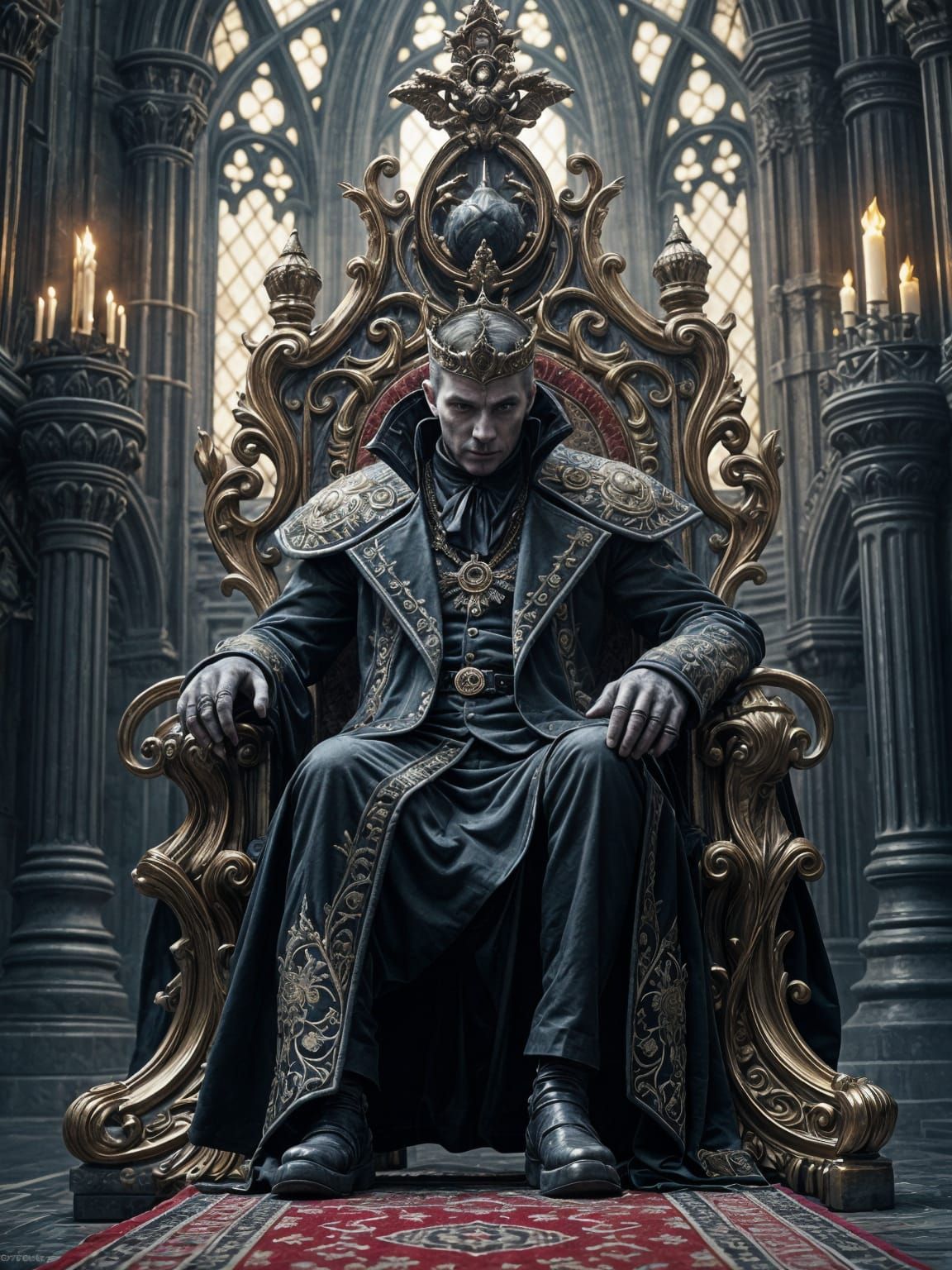 Gothic Vampire King on Ornate Throne in Exquisite Velvet and...