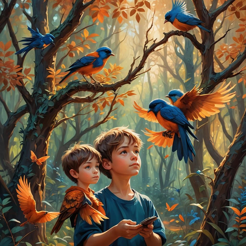 Boy with Bird in Whimsical Forest Concept Art