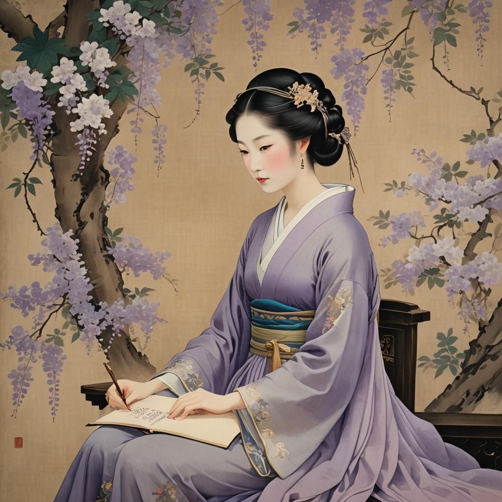 Elegant Lady Under Wisteria: Nihonga Art Nouveau Painting
