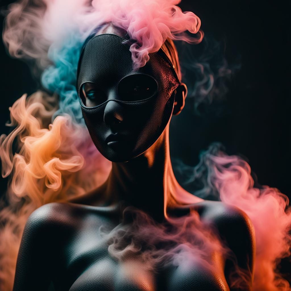 Smoky Figure with Mask in Colorful Explosion